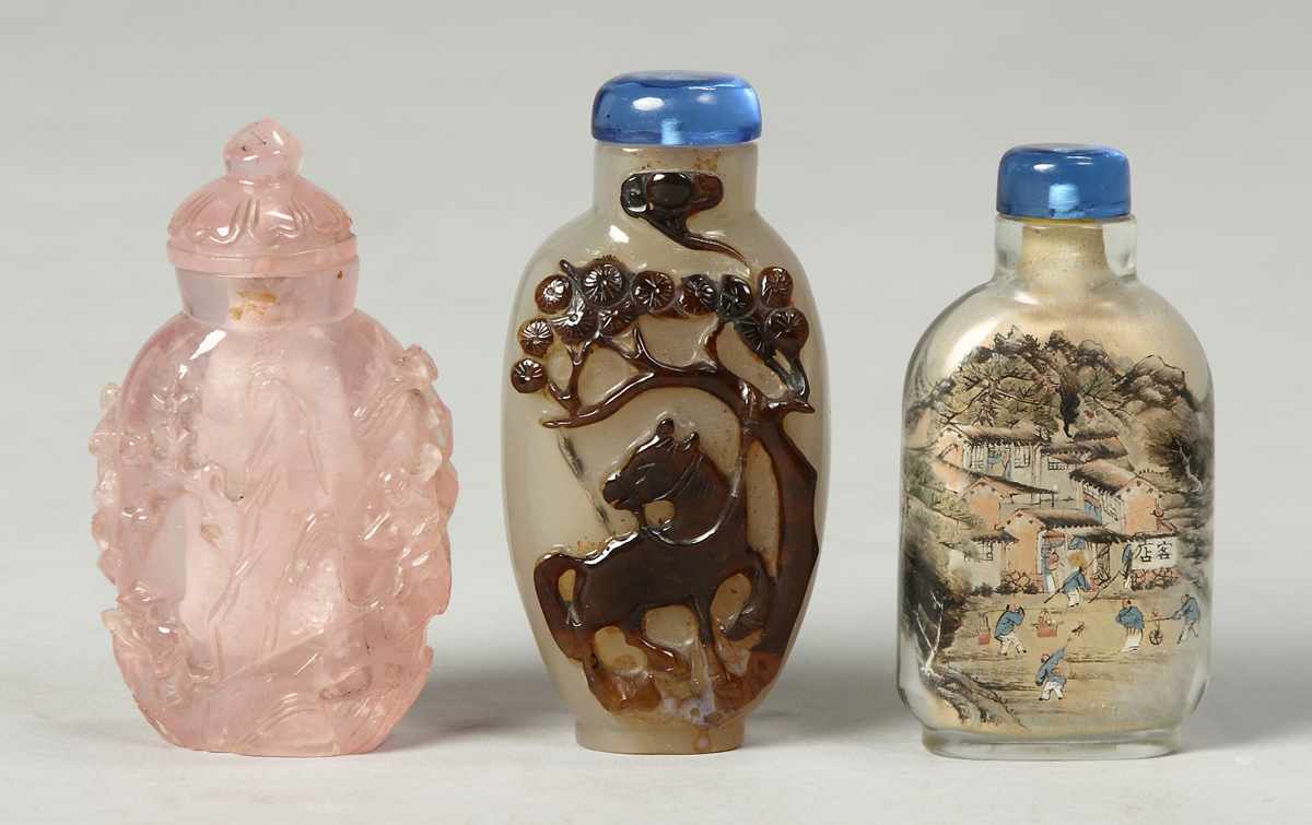 Appraisal: Inside Painted Glass Snuff Bottle th cent Village scenes artist