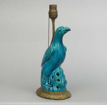 Appraisal: A Chinese Blue Glazed Parrot Lamp ca late th Century