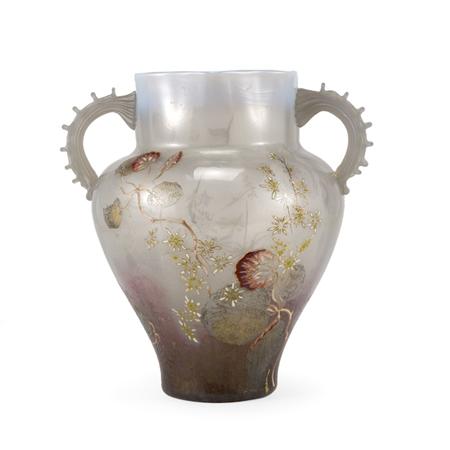 Appraisal: Galle Etched and Enameled Opalescent Two-Handled Glass Vase Of ovoid