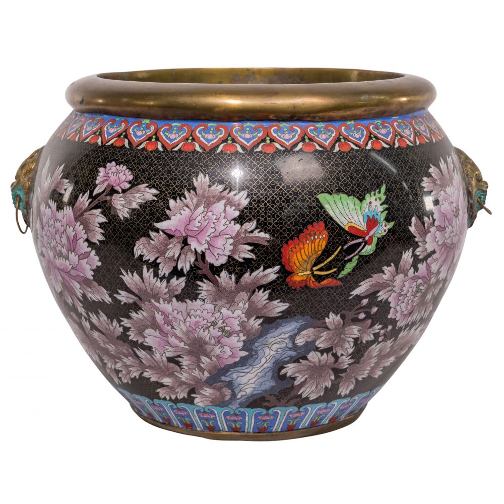 Appraisal: ASIAN CLOISONNE JARDINIEREHaving a polychrome botanical motif brass trimmed upper