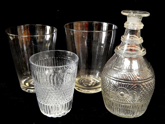 Appraisal: Clear glass four pieces pressed glass decanter gadrooned rings fish