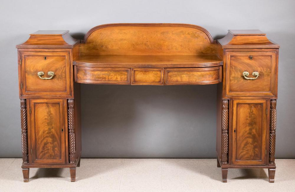 Appraisal: REGENCY MAHOGANY DOUBLE PEDESTAL SIDEBOARD English early th century H