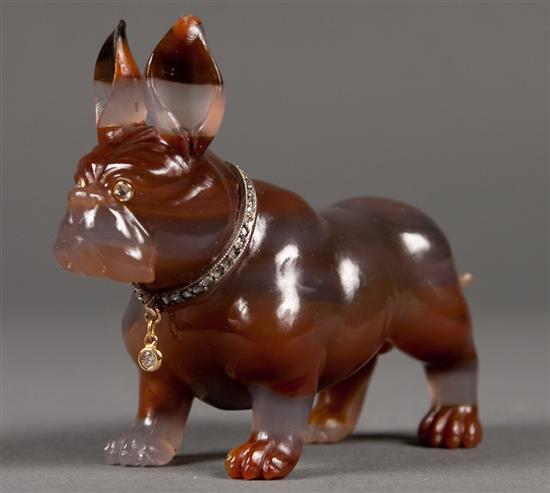 Appraisal: Carved banded agate French bulldog with diamond encrusted collar and