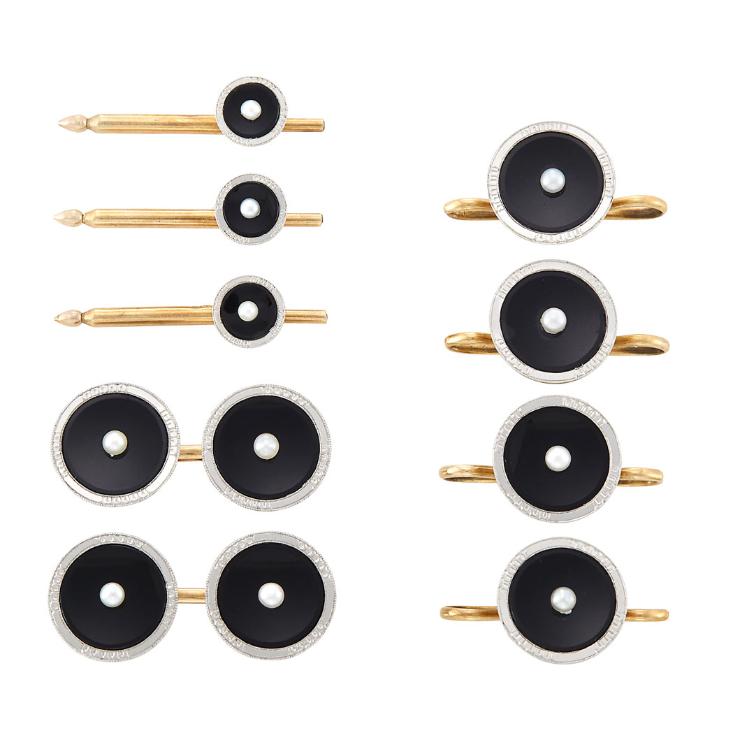 Appraisal: Gold Platinum Black Onyx and Button Pearl Dress Set kt