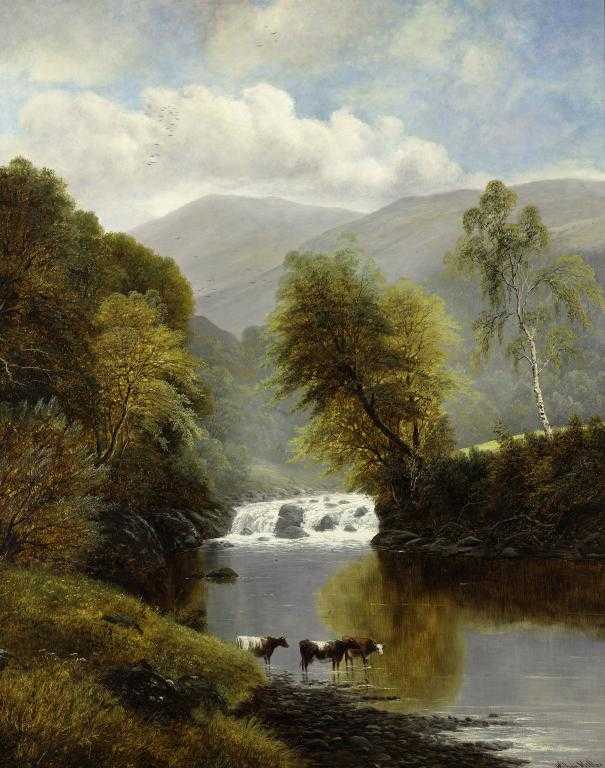 Appraisal: WILLIAM MELLOR - MOUNTAINOUS LANDSCAPE WITH CATTLE AND A WATERFALL