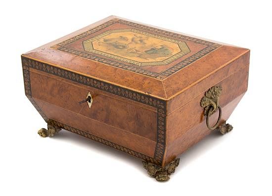 Appraisal: A Regency Inlaid Amboyna and Penwork Sewing Box Height x