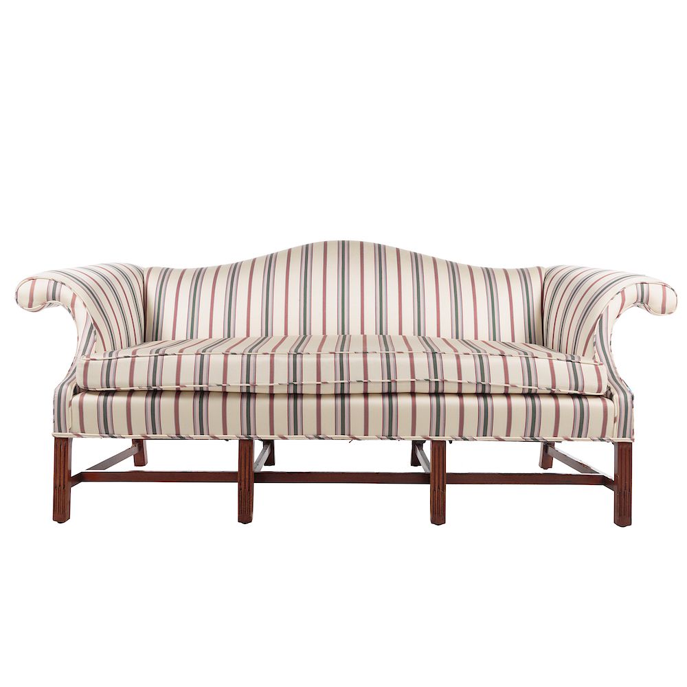 Appraisal: George III Style Mahogany Camelback Sofa th century serpentine crest