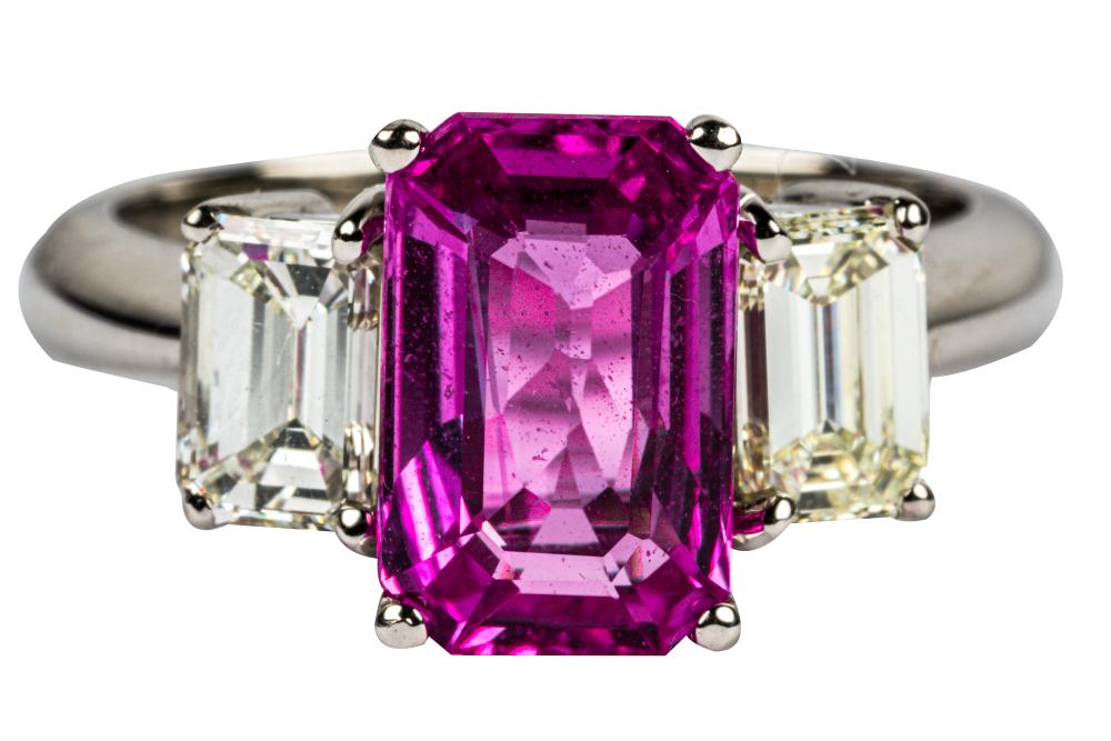 Appraisal: PLATINUM PINK SAPPHIRE DIAMOND RINGcentering one octagonal step-cut natural purplish