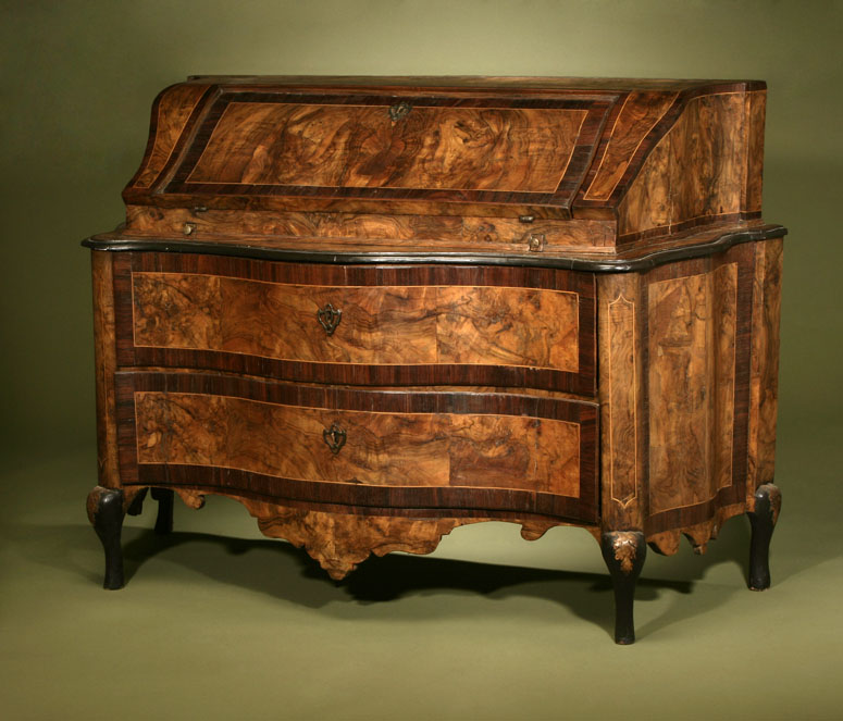 Appraisal: Italian Rococo banded walnut slant front bureau Italian Rococo banded