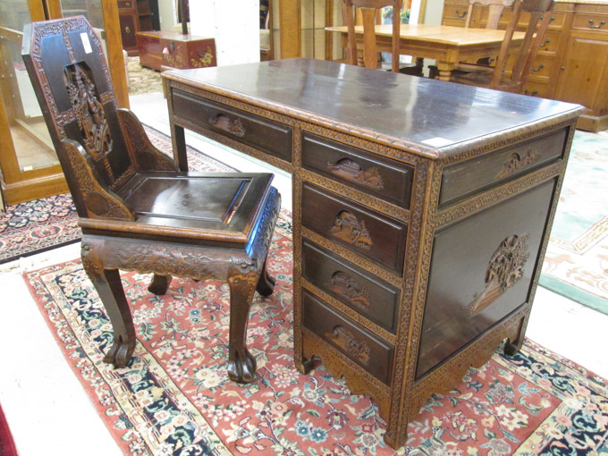 Appraisal: CHINESE EXPORT TEAKWOOD DESK AND MATCHING CHAIR Hong Kong c