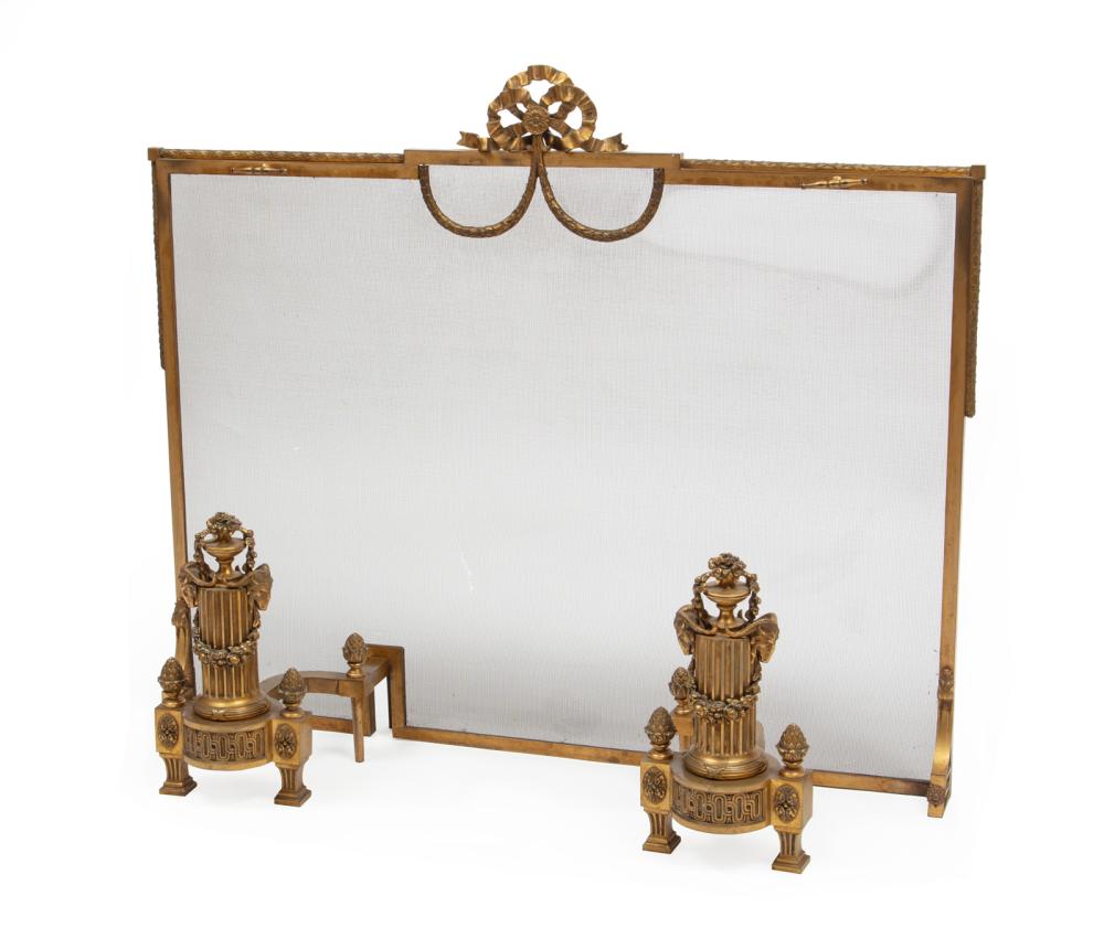 Appraisal: Antique French Neoclassical-Style Bronze Fireplace Garniture incl pair of andirons