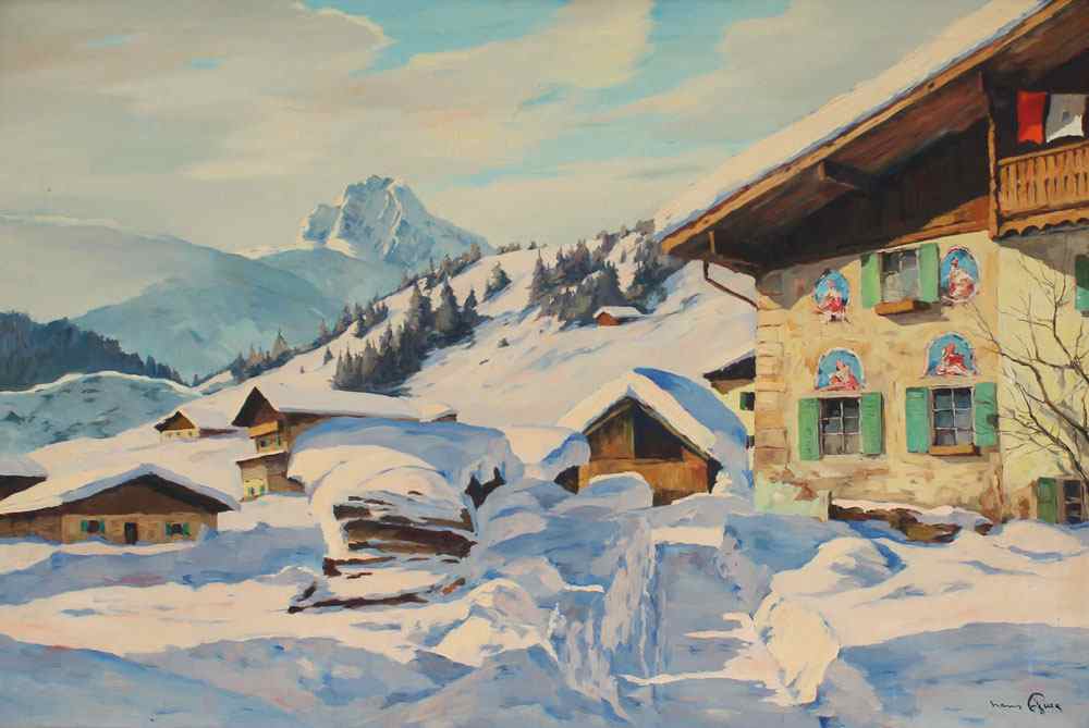 Appraisal: FIGURA Hans Austria - Alpine Snow Covered Village Oil Canvas