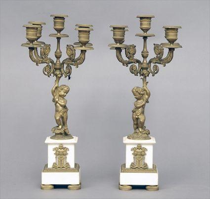 Appraisal: Pair of Louis XVI-Style Gilt-Metal and Marble Five-Light Candelabra x