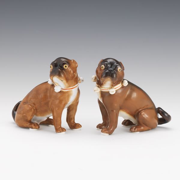 Appraisal: GERMAN PORCELAIN PUG FIGURINES x x each Meissen style brown