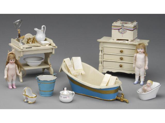 Appraisal: Antique Dollhouse Bathroom Items MN Painted washstand and Schneegass chest