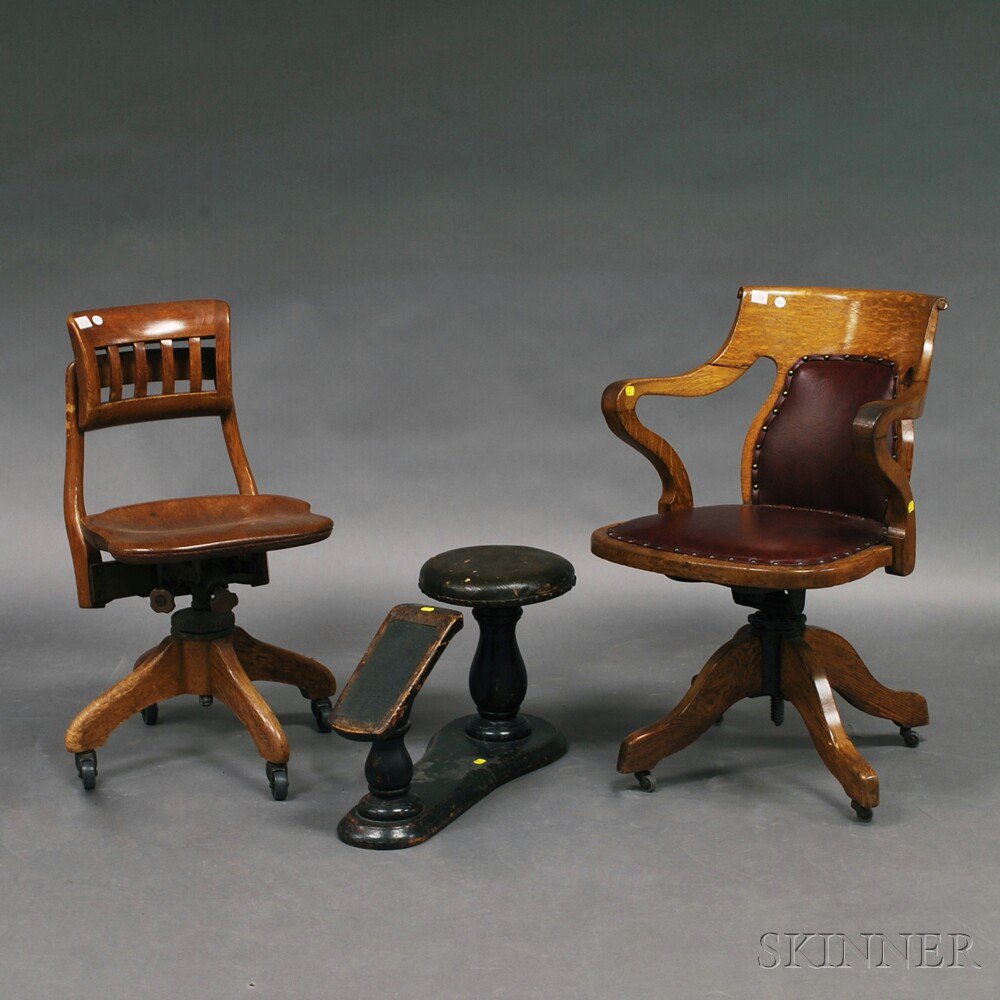 Appraisal: Two Oak Swivel Desk Chairs and a Shoe Shine the