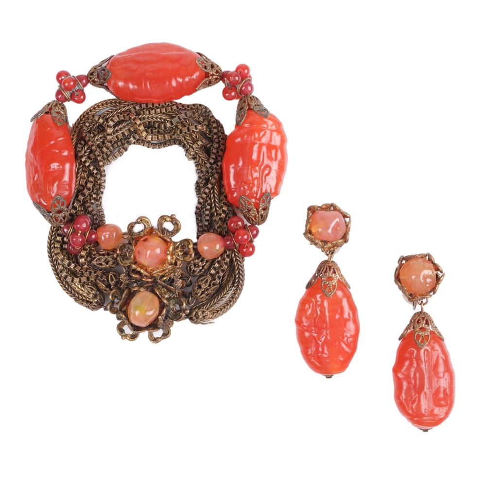 Appraisal: MIRIAM HASKELL BRASS AND ORANGE MOLDED GLASS BRACELET AND EARRING