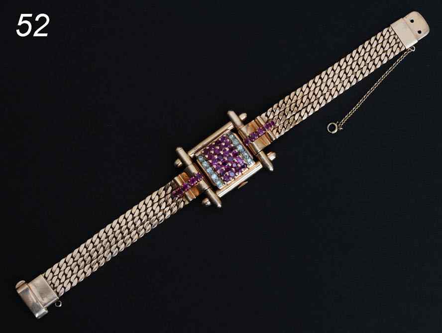 Appraisal: k Gold Watch Bracelet the diamond and ruby studded lid