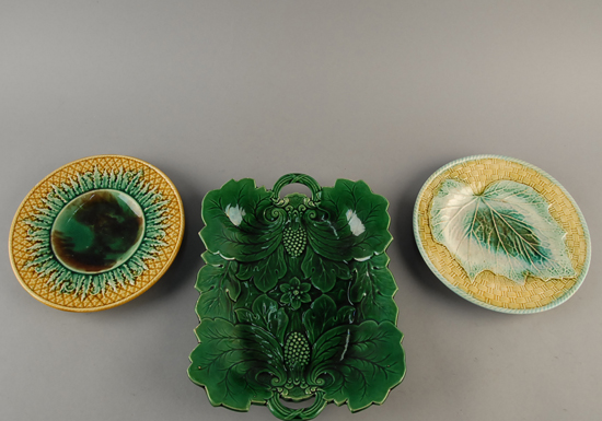 Appraisal: Three Majolica Plates all unmarked one oblong double handle cookie