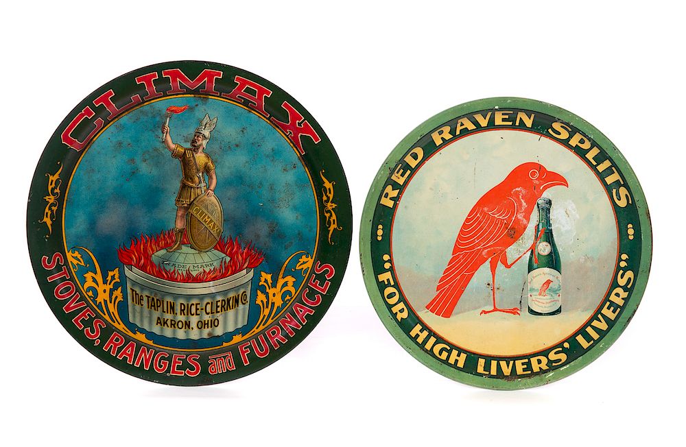 Appraisal: tin Advertising Trays Red Raven Splits and Climax Akron O