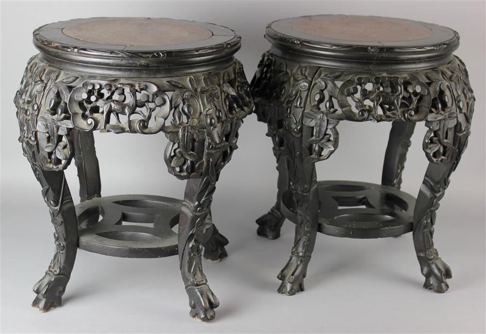 Appraisal: A PAIR OF CHINESE PINK MARBLE-INSET WOOD STANDS QING DYNASTY