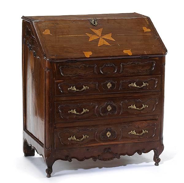 Appraisal: A Louis XV inlaid walnut bureau en pente of small