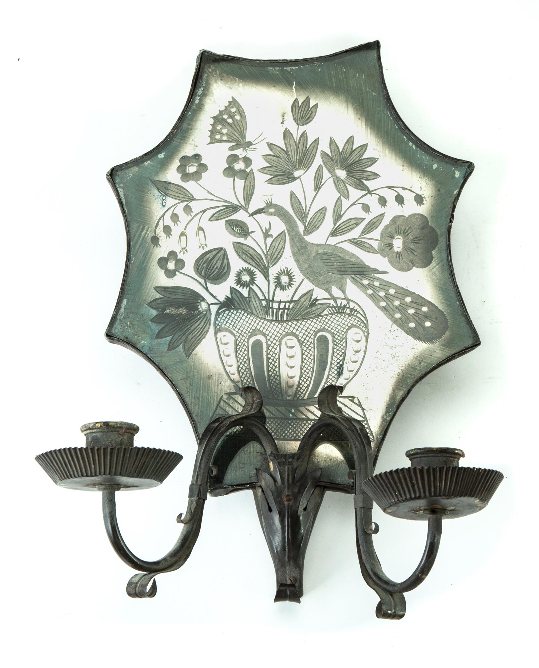 Appraisal: MIRRORED ETCHED GLASS WALL SCONCE European late th century Tin