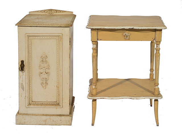 Appraisal: A PAINTED FRENCH LAMP TABLE with frieze drawer fluted supports