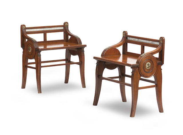 Appraisal: James Shoolbred A pair of Victorian walnut hall benches Each