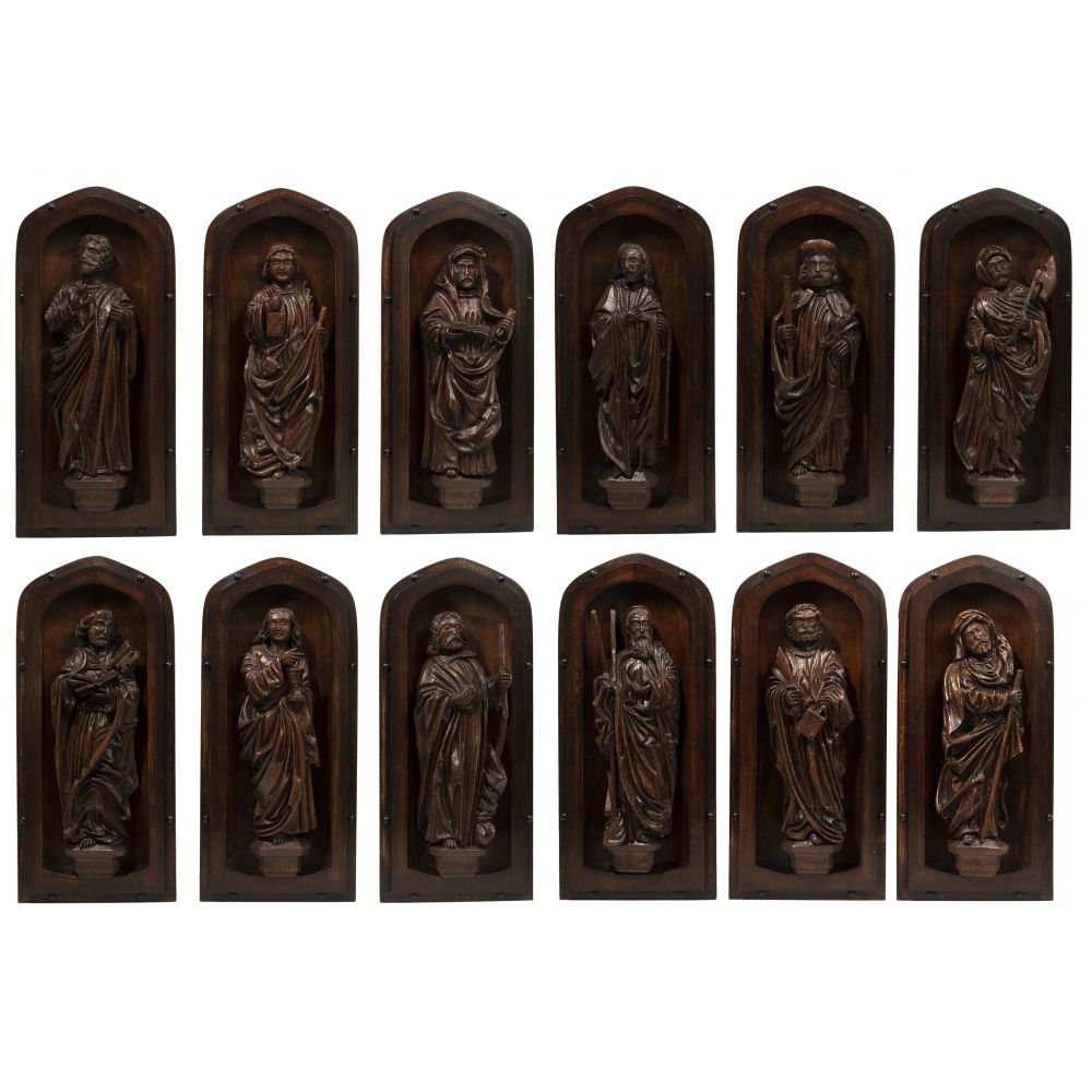 Appraisal: TWELVE DISCIPLES CARVED WOOD WALL HANGINGS dark stained oak items