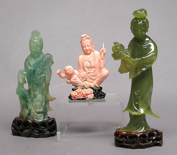 Appraisal: A group of three Chinese figural carvings Including a fluorite