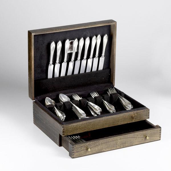 Appraisal: ARTS CRAFTS HANDWROUGHT SILVER FLATWARE Fifty-one pieces in Old Newbury