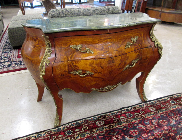 Appraisal: LOUIS XV STYLE MARBLE-TOP BOMBE COMMODE a -drawer marquetry inlaid