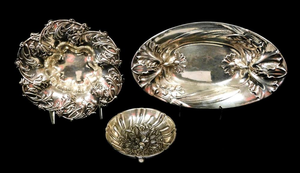 Appraisal: STERLING Three ornate sterling bowls with floral repousse Kirk Caldwell