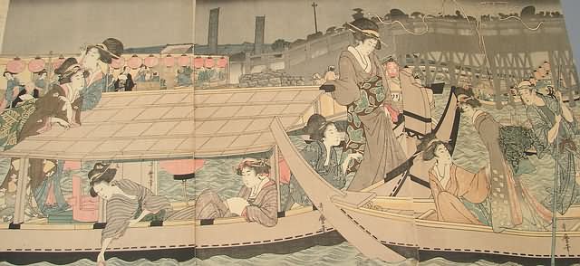 Appraisal: Geishas on boat woodblock print x S