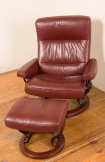 Appraisal: Ekornes Leather Armchair w Ottoman Stressless Stressless Ekornes burgundy leather