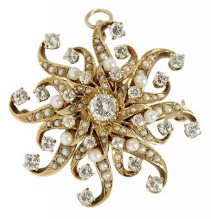 Appraisal: kt Diamond and Pearl Brooch vintage brooch with sunburst design