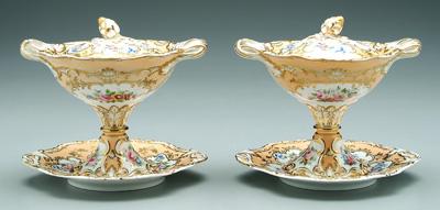 Appraisal: Pair lidded porcelain compotes with matching under plates hand painted