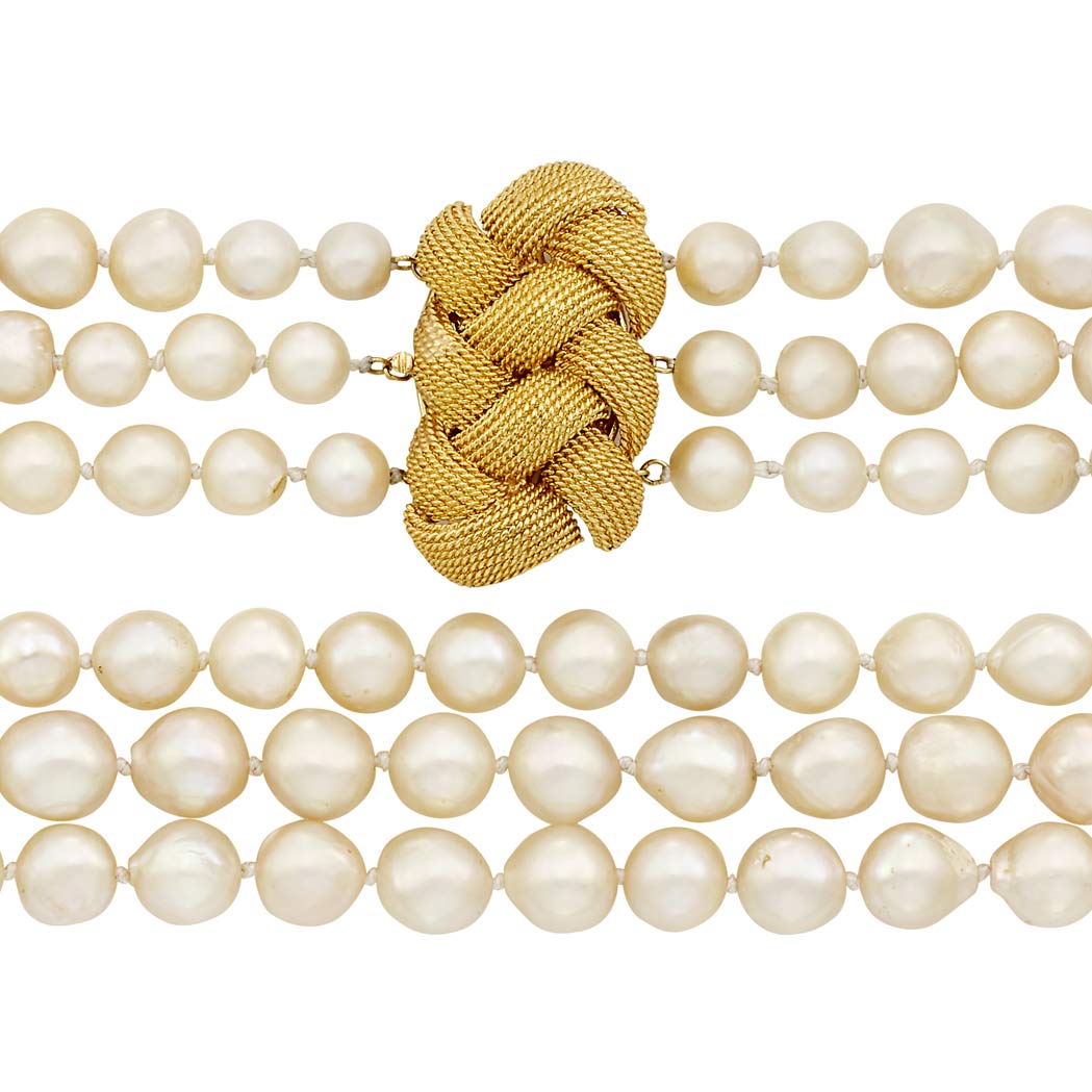 Appraisal: Triple Strand Semi-Baroque Cultured Pearl Necklace with Braided Gold Clasp