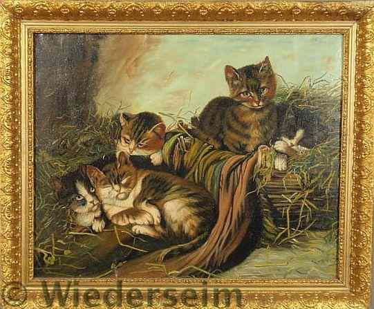 Appraisal: Victorian oil on canvas painting of kittens c unsigned and