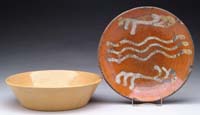 Appraisal: REDWARE PLATE ROCKINGHAM SOAP DISH AND TWO YELLOWARE BOWLS -