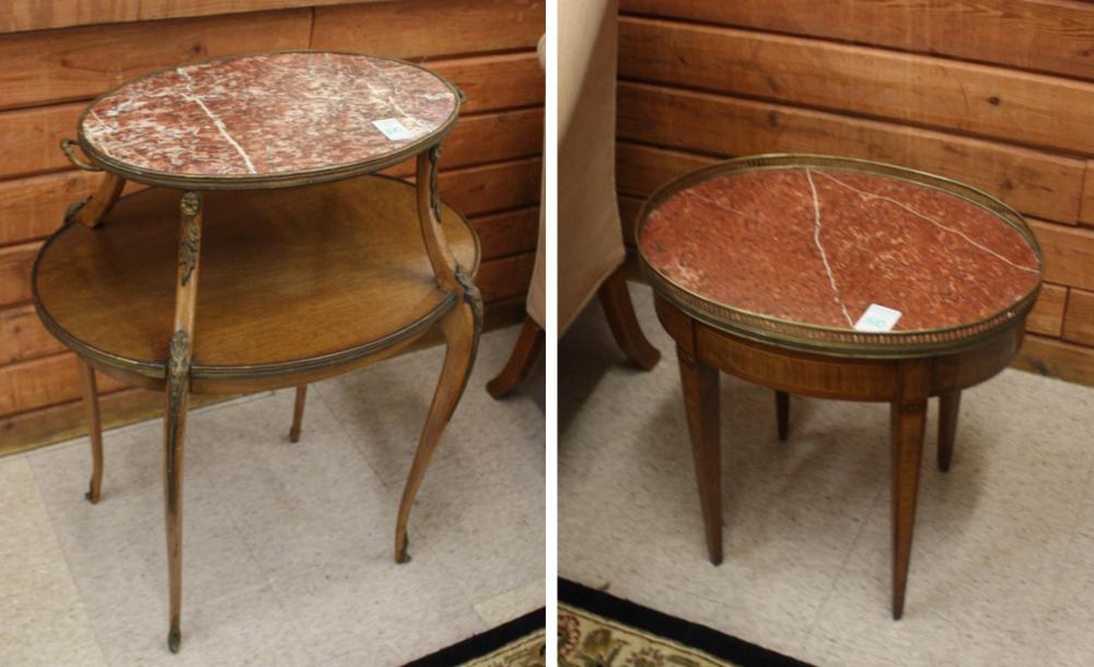 Appraisal: TWO FRENCH MARBLE-TOP OCCASIONAL TABLES oval two-tier serving table in