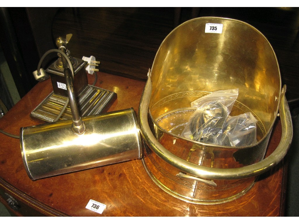 Appraisal: Lot comprising brass coal bin and a desk lamp