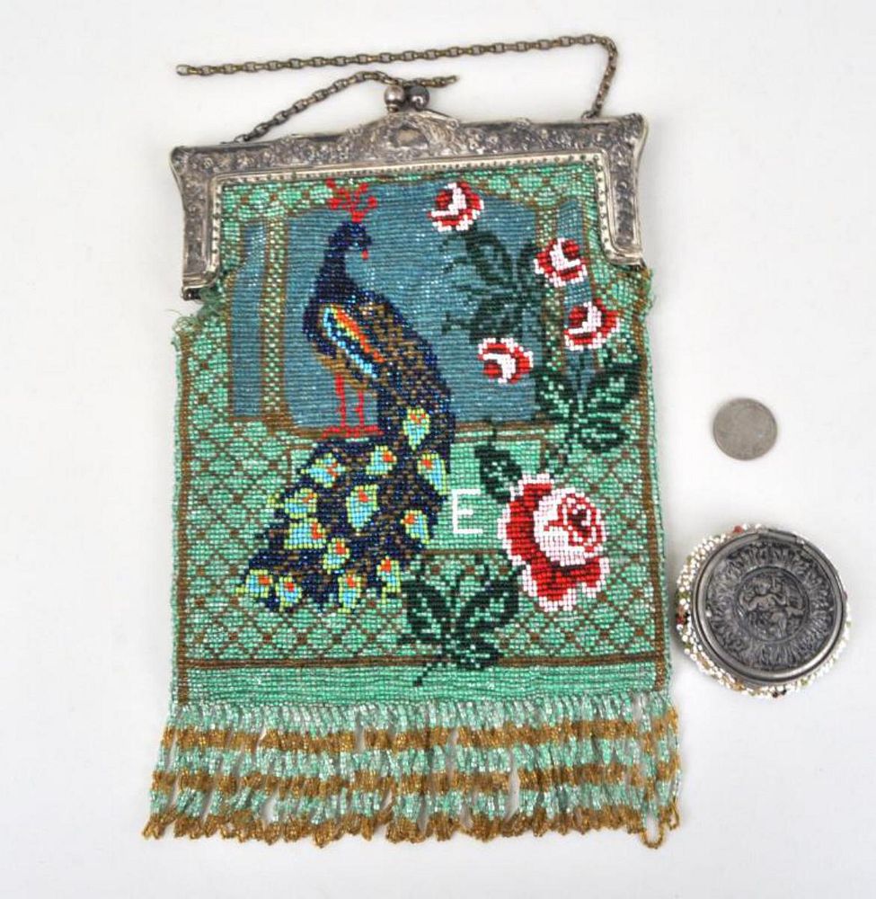 Appraisal: Victorian Beaded Bag Coin Pouch the larger with peacock and