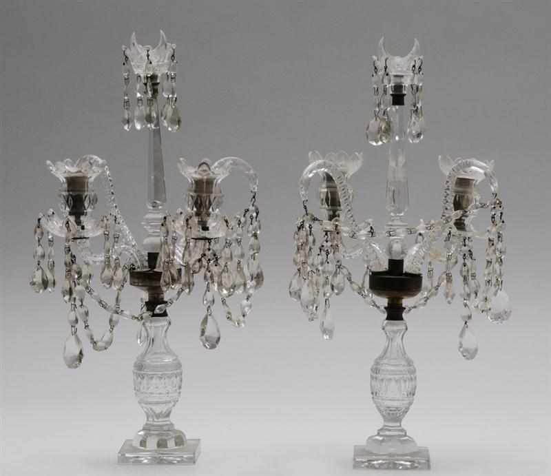 Appraisal: PAIR OF GEORGE III CUT-GLASS TWO-LIGHT CANDELABRA Each urn-form stem