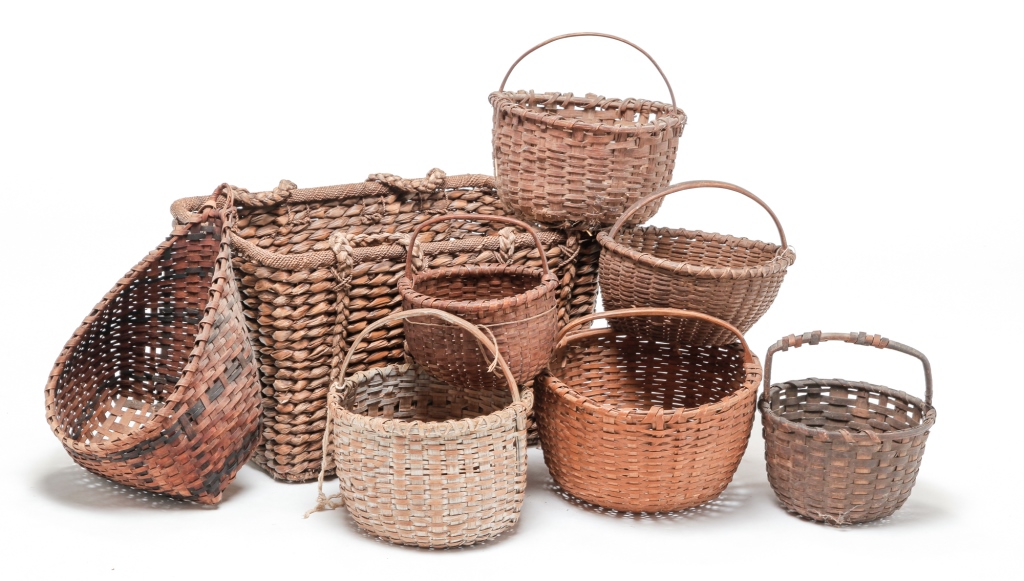 Appraisal: EIGHT AMERICAN BASKETS Late th century Woven splint with bentwood