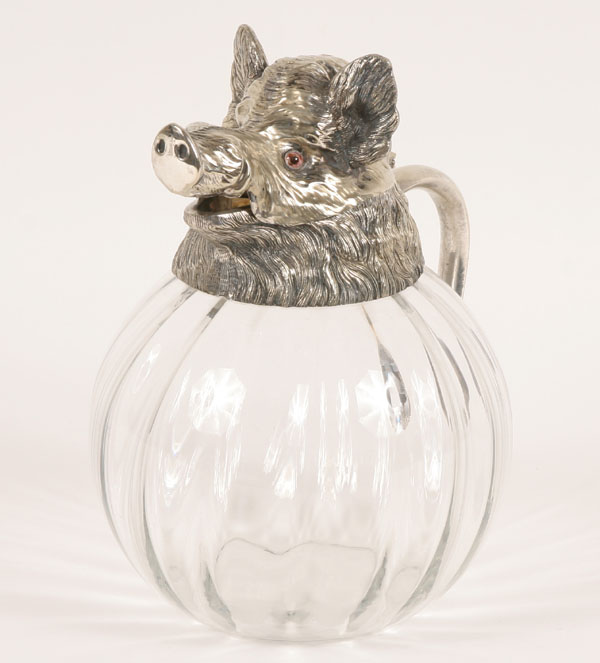 Appraisal: Ribbed glass pitcher with silverplate boar's head bulbous shape glass