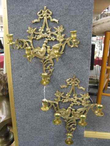 Appraisal: Pair of Brass Wall Sconces lovebird andfoliage design five light