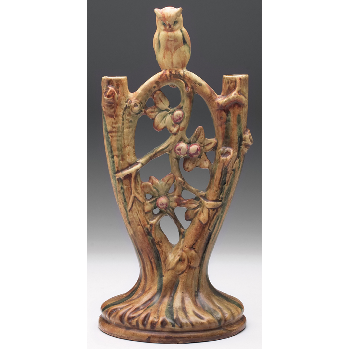 Appraisal: Weller Woodcraft candelabra owl motif marked ''w x ''h