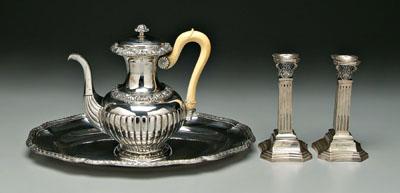 Appraisal: Four pieces Continental silver hollowware pair square German column candlesticks